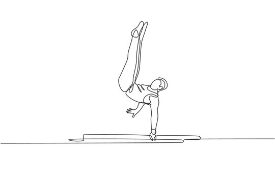 One continuous line drawing young man exercising parallel bars at gymnastic. Gymnast athlete in leotard. Healthy sport and active concept. Dynamic single line draw design vector illustration graphic