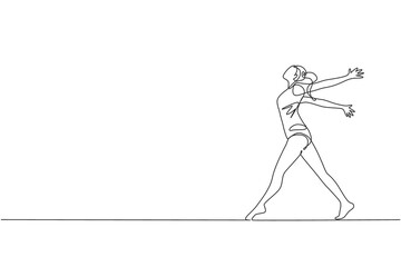 One single line drawing of young beauty gymnast girl exercise floor rhythmic gymnastic at gym vector illustration. Healthy athlete teen lifestyle and sport concept. Modern continuous line draw design