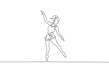 Single continuous line drawing of young beauty professional gymnast girl perform floor exercise. Rhythmic gymnastic training and stretching concept. Trendy one line draw design vector illustration