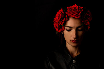 Young woman in wreath with red flowers looking down on black background.