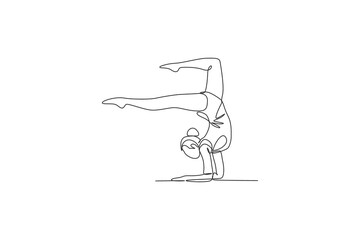 One single line drawing of young beauty gymnast girl exercise floor rhythmic gymnastic at gym vector illustration. Healthy athlete teen lifestyle and sport concept. Modern continuous line draw design