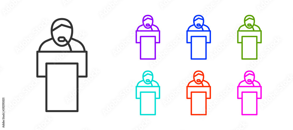 Poster black line gives lecture icon isolated on white background. stand near podium. speak into microphone
