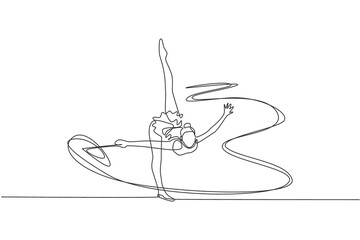 Obraz premium Single continuous line drawing of young beauty professional gymnast girl perform dance with ribbon. Rhythmic gymnastic training and stretching concept. Trendy one line draw design vector illustration