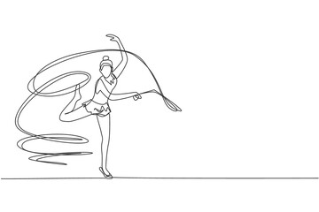 One single line drawing young beauty gymnast girl exercising rhythmic gymnastics with ribbon graphic vector illustration. Healthy teen lifestyle and sport concept. Modern continuous line draw design