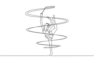 One continuous line drawing of young ballerina girl in motion. Rhythmic gymnast in leotard with ribbon. Healthy sport and active dance concept. Dynamic single line draw design vector illustration