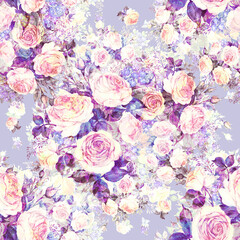 Seamless pattern watercolor bouquet of delicate tea roses