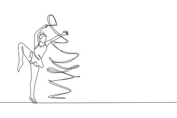 One continuous line drawing of young ballerina girl in motion. Rhythmic gymnast in leotard with ribbon. Healthy sport and active dance concept. Dynamic single line draw design vector illustration