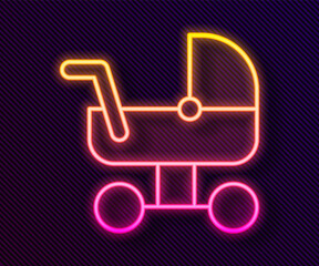 Glowing neon line Baby stroller icon isolated on black background. Baby carriage, buggy, pram, stroller, wheel. Vector.