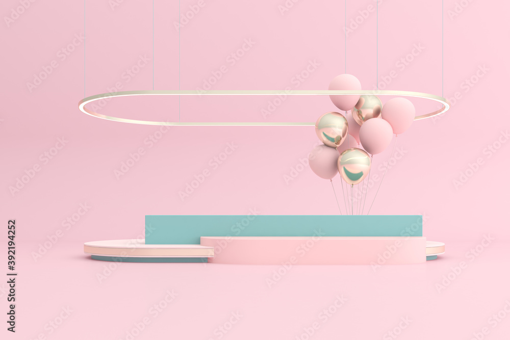 Poster 3d render of abstract podium with balloons.