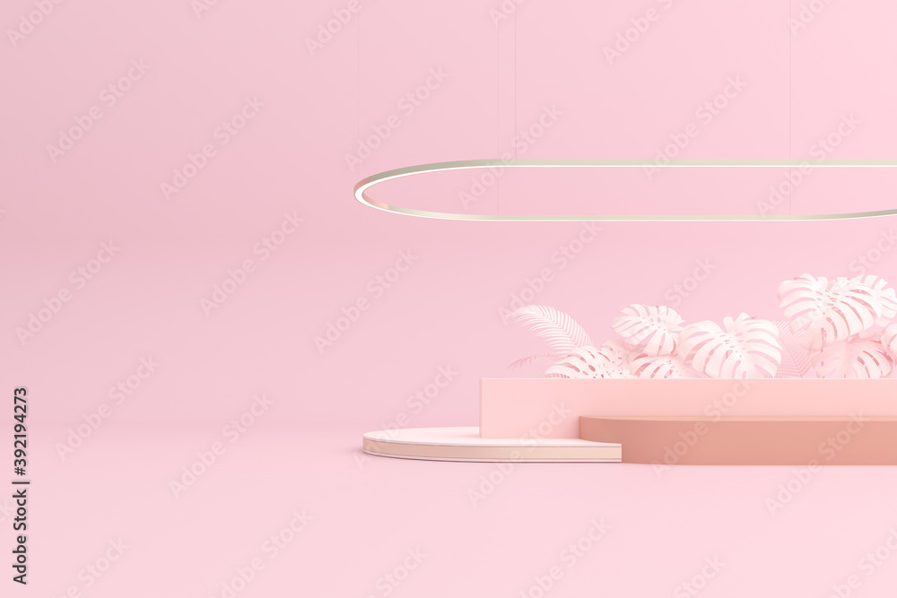 Poster 3d render of abstract geometry podium with plant.
