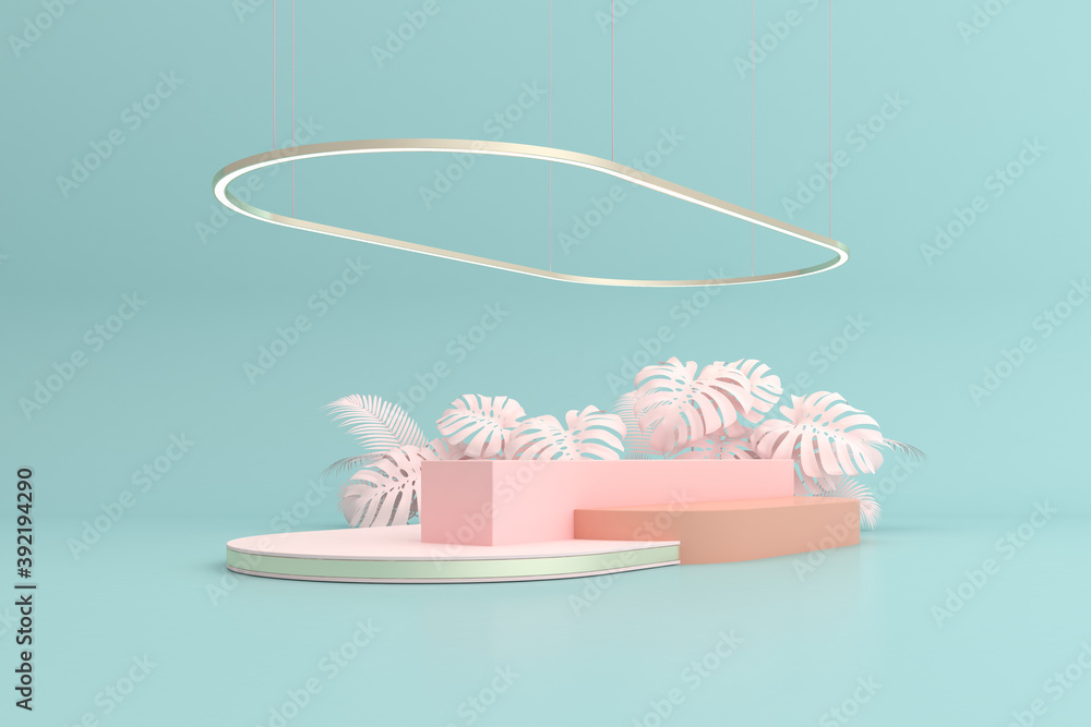 Poster 3d render of abstract geometry podium with plant.