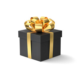 Black gift box with golden ribbon isolated on white. Clipping path included