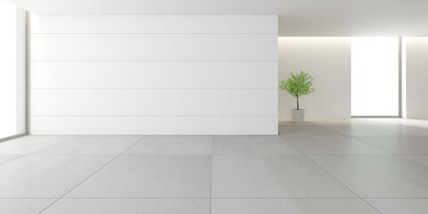 3d render of empty room with white wall and vase of plant on tile floor.	
