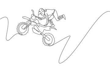 One continuous line drawing of young motocross rider acrobatic flying jump into the air. Extreme sport concept. Dynamic single line draw design vector illustration for motocross competition poster