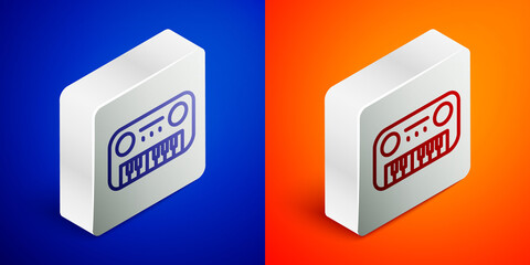 Isometric line Toy piano icon isolated on blue and orange background. Children toy. Silver square button. Vector.