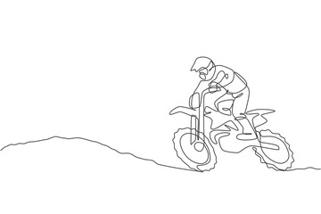 One single line drawing of young motocross rider climb ground hill at race track vector graphic illustration. Extreme sport concept. Modern continuous line draw design for motocross race event banner