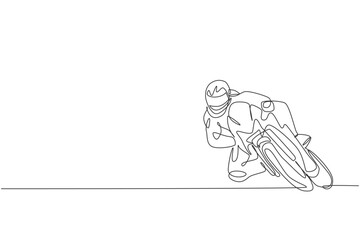 Single continuous line drawing of young superbike racer practice leaning at circuit track. Motogp tournament concept. Trendy one line draw design vector illustration for motorbike race promotion media