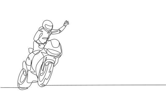 One Continuous Line Drawing Of Young Moto Racer Wave His Hand To Spectators. Super Bike Racing Concept Graphic Vector Illustration. Dynamic Single Line Draw Design For Motorbike Race Promotion Poster