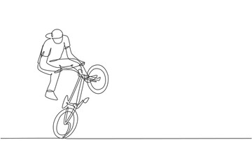 One continuous line drawing of young BMX bicycle rider performing dangerous trick at skatepark. Extreme sport concept vector illustration. Dynamic single line draw design for event promotion poster