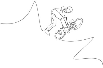 One single line drawing of young bmx bicycle rider do flying on the air trick at street vector illustration. Extreme sport concept. Modern continuous line draw design for freestyle competition banner