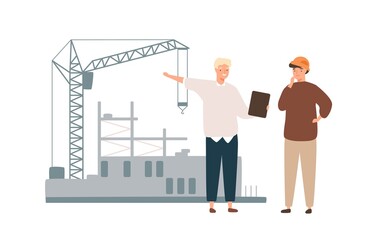 Architect and foreman on construction site isolated on white background. Male professional industrial workers discussion. Builder and engineer talking. Vector illustration in flat cartoon style