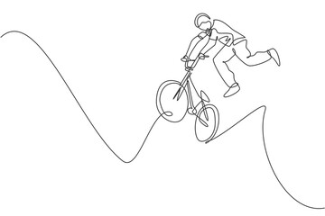 Single continuous line drawing of young BMX cycle rider show jumping into the air trick in skatepark. BMX freestyle concept. One line draw design vector illustration for freestyle promotion media © Simple Line
