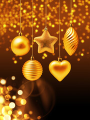 Golden Christmas decoration set with gold bokeh