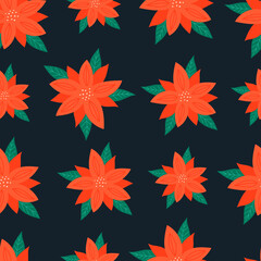 Fototapeta na wymiar Christmas seamless pattern on pink background with Poinsettia flowers, pine branches and berries. background