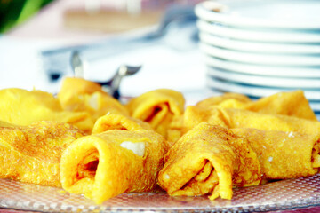 Fresh pancakes on a plate. Restaurant.