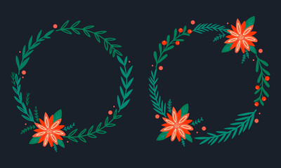 Christmas wreath with Poinsettia and pine tree. Holiday frame.