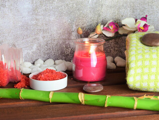 Spa treatment, moments of relaxation and health, aromas and salts on wooden boards, decoration in...