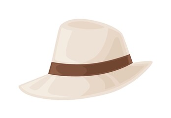 Gangster beige hat decorated with ribbon or hatband. Summer male headdress. Flat vector cartoon illustration of classic headgear isolated on white background