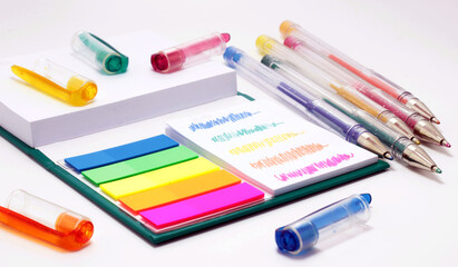 Vivid pencils, pens and note book on a white background.