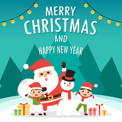 Merry Christmas and happy new year greeting poster. Holiday cartoon character. Santa Claus and Kid character design.