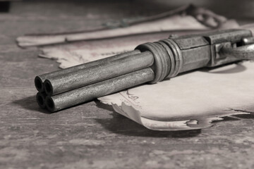Fototapeta premium Very old, four pipe bullet gun.