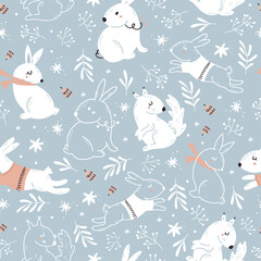 Christmas seamless pattern with cute forest animals