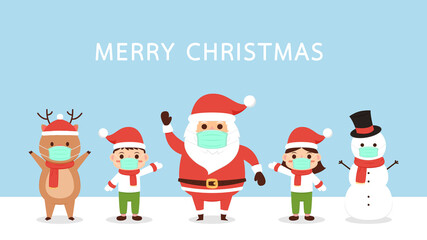 Merry Christmas and happy new year greeting poster. Holiday cartoon character. Face mask.