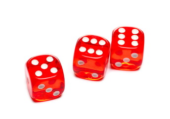 Red gambling dice pile, die for tabletop games and poker isolated on white background 