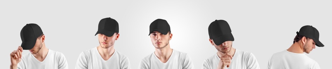 Mockup black baseball cap on a guy's head, front, side view, isolated on background, headwear for sun protection.