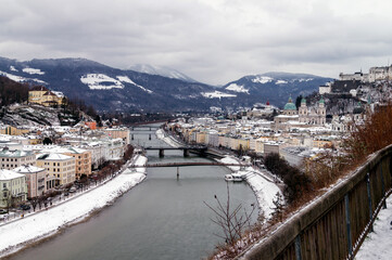 Beautiful view of the Hohensalzburg Castle Salzburg, Austria on a snowy winter day