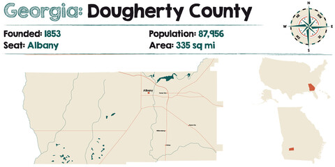 Large and detailed map of Dougherty county in Georgia, USA.
