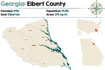 Large and detailed map of Elbert county in Georgia, USA.
