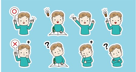 男の子の対照的な表情のセット　白フチ