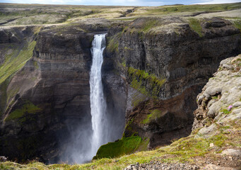 View of the landscape of the Haifoss waterfall in Iceland.