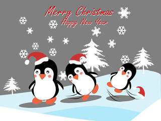 Cute penguin jumping at winter with snow in flat style. Cold winter symbol. Antarctic bird,