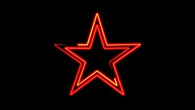 Abstract seamless pattern of red orange neon lines of stars on a black background. 4K video neon star close up.