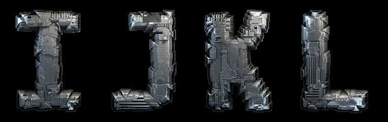 Set of capital letters I, J, K, L made of metal isolated on black background. 3d