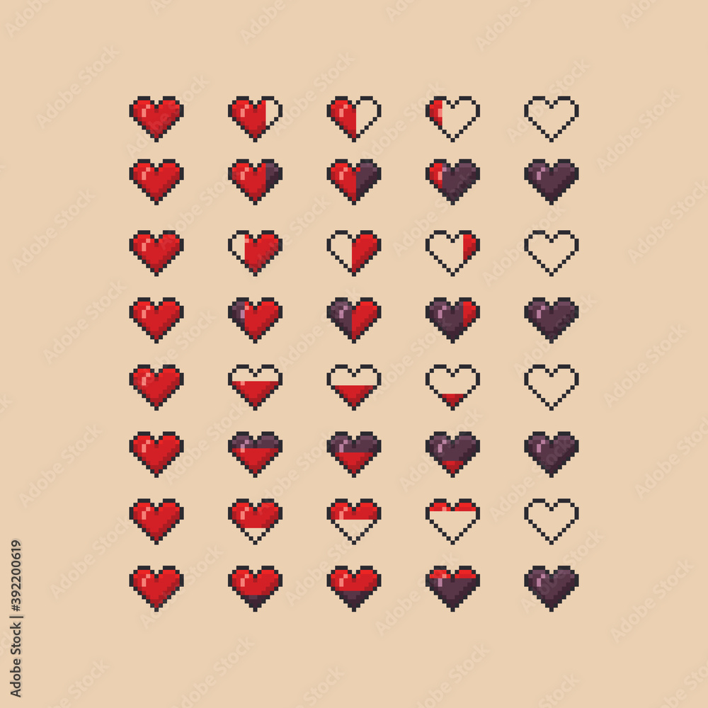 Poster heart health indicator vector pixel art icon set - full, half, empty live energy bar for arcade game