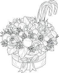 Realistic rose flower bouquet with pine tree branch, decoration balls and candy cane in box with bow sketch template. Christmas cartoon vector illustration in black and white for games, coloring page