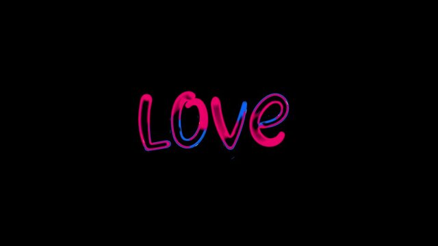 Animation of the word Love. Stylish beautiful bright letters of love in neon. Glowing animation of multi-colored text Love.  